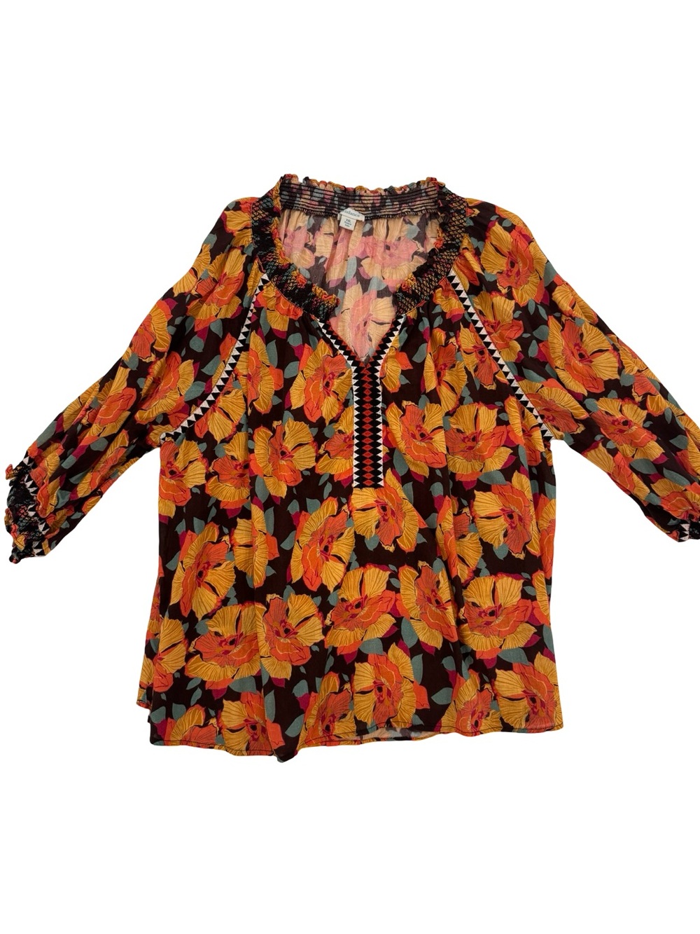 Sundance Black Blouse with Orange Floral Print and Green Leaves - Picture 8 of 9